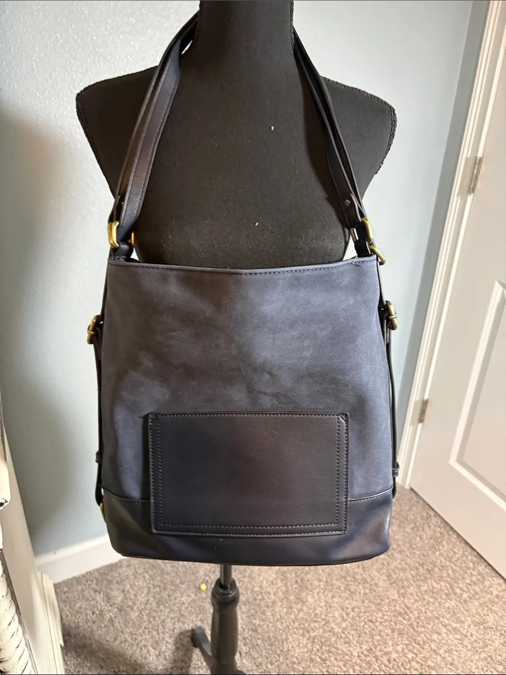 Classic Navy Suede & Leather Hobo Shoulder Bag